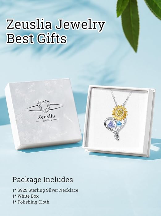Zeuslia Double Birthstone Necklace Gifts for Wife - 925 Sterling Silver Sunflower/Rose/Crown Cross/Compass/Heart Pendant I Love You Necklace, Anniversary Birthday Gifts for Wife Girlfriend Mom Her