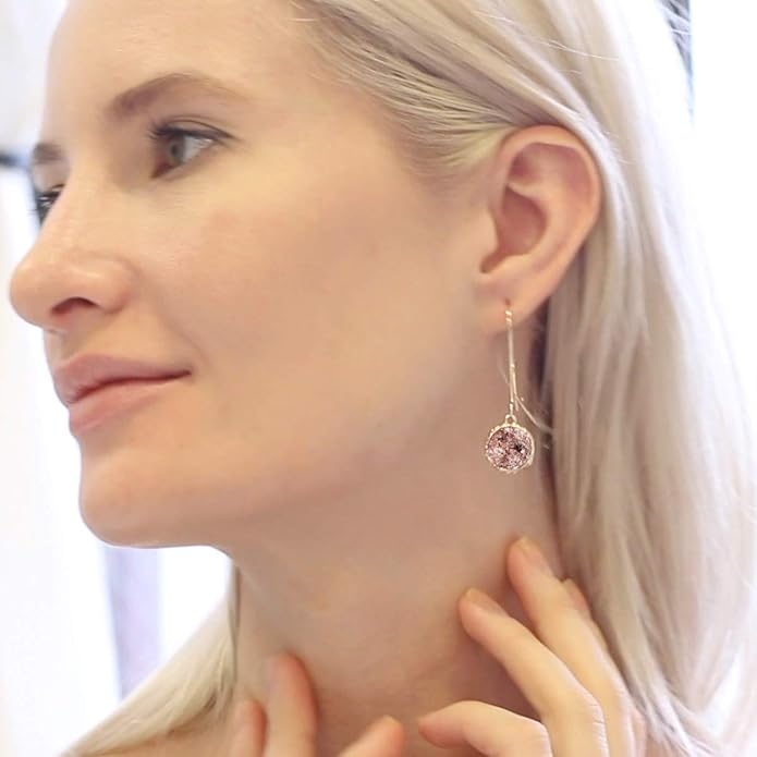 Simulated Druzy Threader Drop Earrings for Women - Gold, Silver, or Rose Gold Tone Trendy Boho Dangles with Sparkly Round Stone
