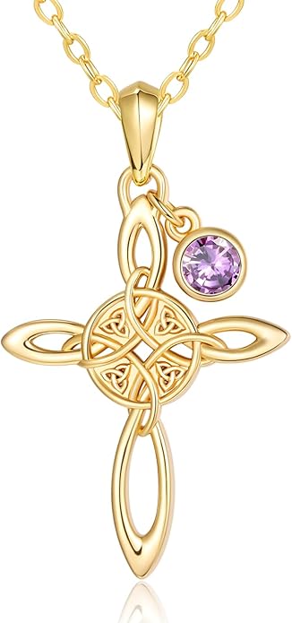 Witches Knot Necklace for Women, 14K Gold Celtic Knot Cross Jewelry with Triquetra Trinity with Birthstone Pendant, Birthday Witchy Spiritual Gifts for Her Wife Mom Grandma, 18+2 Inch Chain