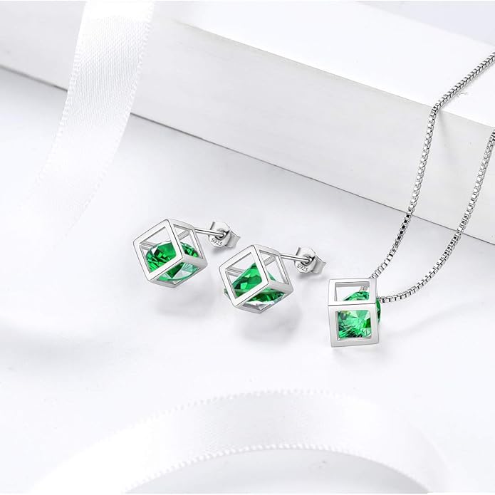 Aurora Tears Birthstone Necklace/Earring 925 Sterling Silver Women Cross/3D Cube/Cresent Moon Birth Stone Jewelry Mens Birthday Gift Anniversary Present