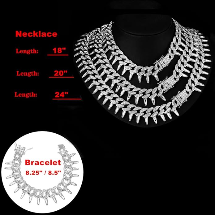 HH BLING EMPIRE Mens Gold Silver Plated Spike Cuban Link Chain Necklace and Bracelet Sets, Chunky Iced Out Diamond Miami Cuban Link Chains Hip Hop Jewelry