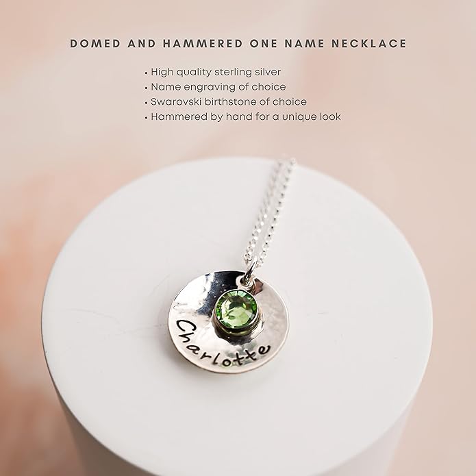 Sterling Silver Personalized Domed and Hammered One Name Necklace. Customize with Your Choice of Characters. Hammered Finish. Includes 925 Chain and Crystal Birthstone. Gifts for Her, Mother, Wife