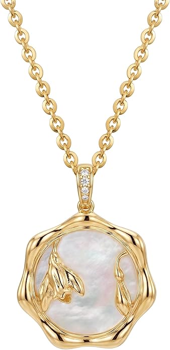 MEVECCO Birth Flower Necklace For Women 18k Gold Plated Mother Of Pearl Disc Floral Pendant Necklace Dainty 12 Birth Month Flower Handmade Personalized Jewelry Anniversary Christmas Birthday Gifts