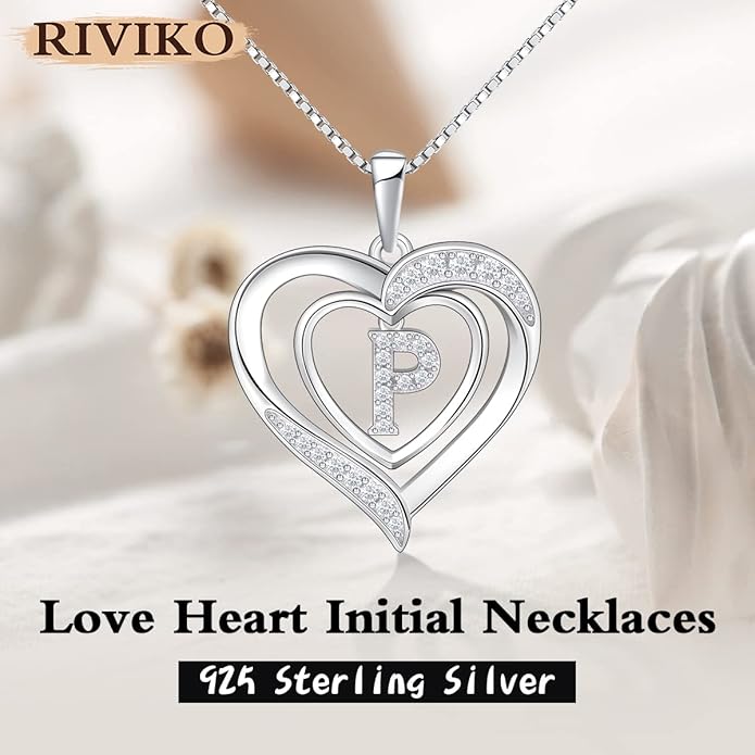RIVIKO Heart Initial Necklace for Women, 925 Sterling Silver Letter Pendant,Personalized Charm Alphabet Jewelry Valentines Mother's Day Anniversary Christmas Birthday Gifts for Women Her Mom Wife