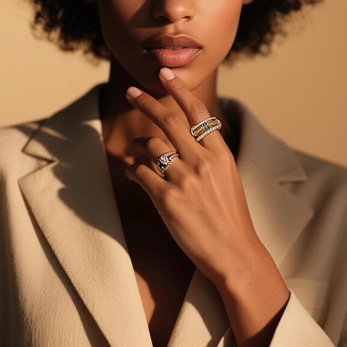 Canboer 14K Gold Plated Interlocked Stackable Rings for Women Non Tarnish,Gold and Silver Cubic Zirconia Statement Rings Set,Mixed Metals Ring Two-Toned Connected Bands Stacking Jewelry