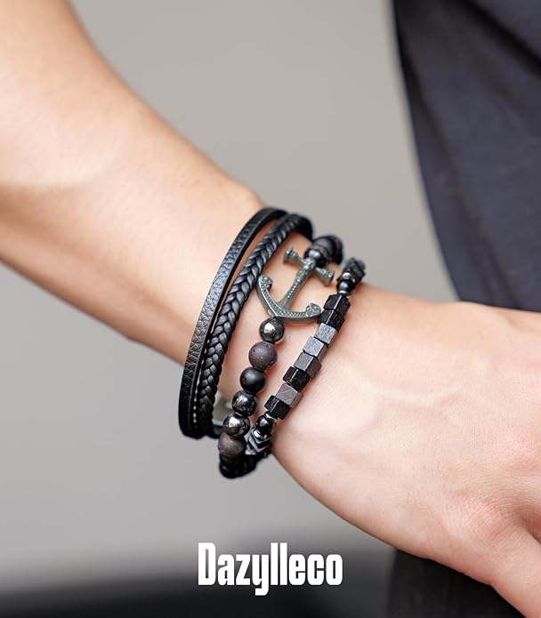3pc Mens Beaded Bracelets Silver Stainless Steel Chain Bracelet for Men Handmade Braided Bracelet Sets Jewelry Gifts for Men