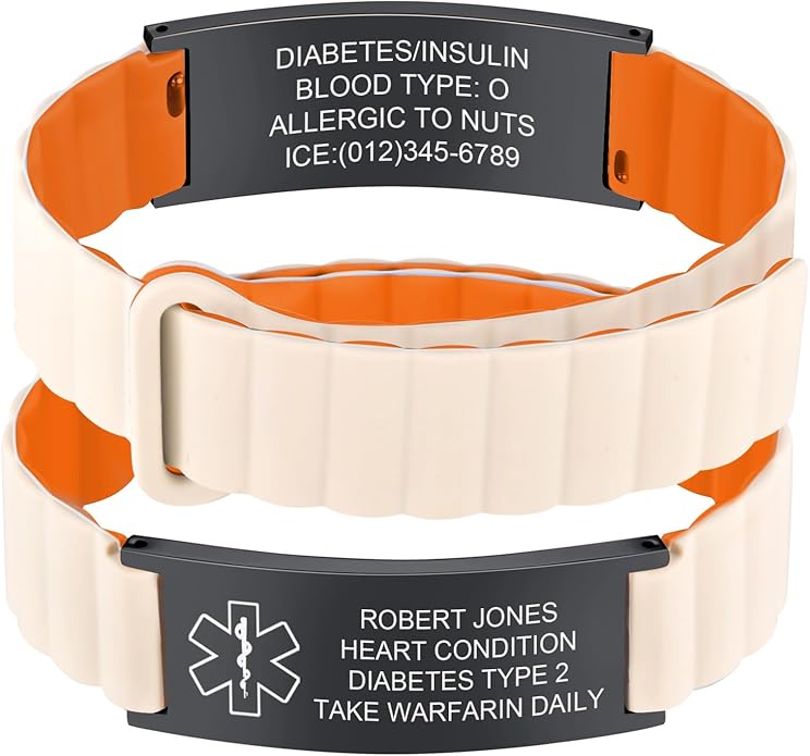Comfortable Medical ID Bracelet for Men & Women - Custom Engraved Silicone Strap Comfort Fit Medical Alert Bracelets for Sports,Adjustable Waterproof Customizable Wristband for Diabetic