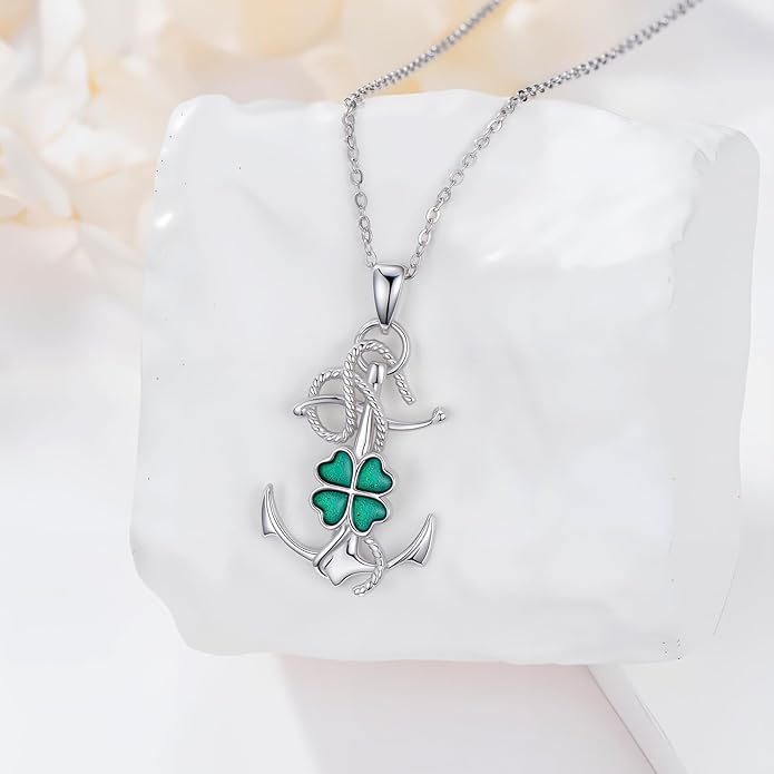 LEECCI Anchor Wave/Four Leaf Clover/Surfboard Necklace 925 Sterling Silver Anchor Pendant Jewelry Gift Graduation Gift for Men Women