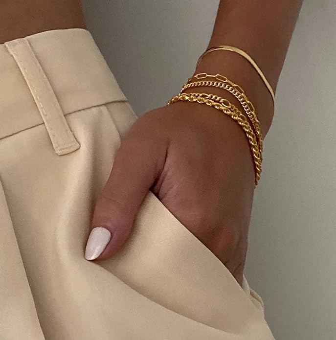 DEARMAY 14K Gold Plated Bracelets for Women Waterproof, Jewelry Sets Trendy Thin Dainty Stackable Cuban Link Paperclip Chain Bracelet Pack Fashion Accessories Gifts for Womens
