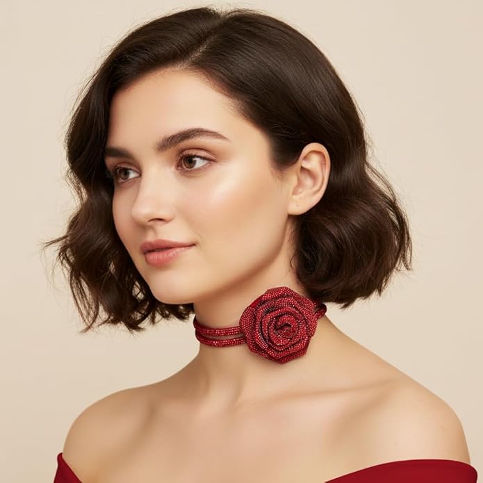 Rose Choker Necklace for Women Gothic Floral Crystal Rhinestone Collar Necklace Short Chain Statement Choker Wedding Party Costume Jewelry Gift for Her