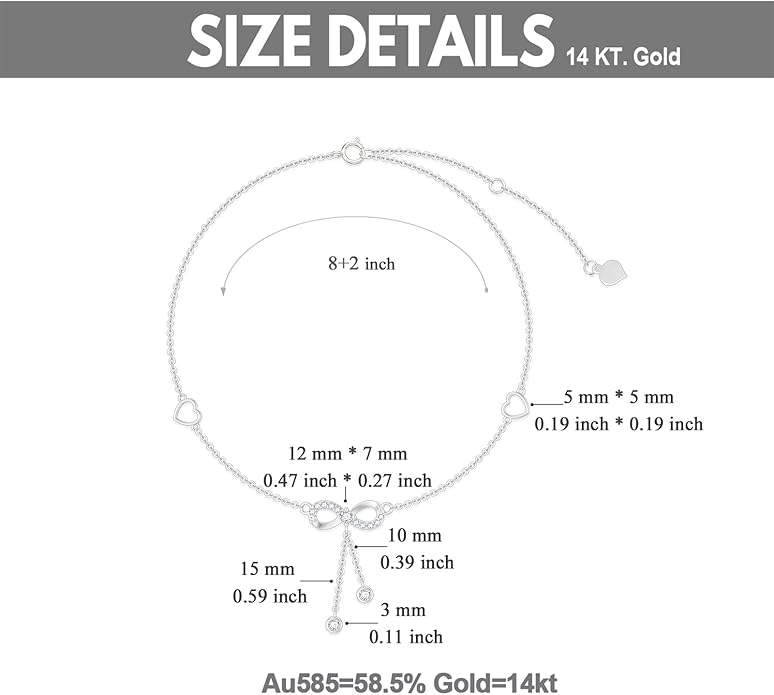 14K Solid Gold Heart Infinity Anklet for Women,Real Gold Dainty Moissanite Infinity Heart Anklets Beads Station Anklet Foot Link Anniversary Birthday Jewelry Gifts for Wife Mom 8''+2''
