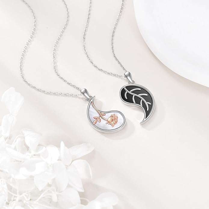 JBAERD Couples BFF Matching Necklaces 925 Sterling Silver Cross/Yin Yang/Sun Moon/Mountain Wave Pendant Necklace Anniversary Birthday Gifts