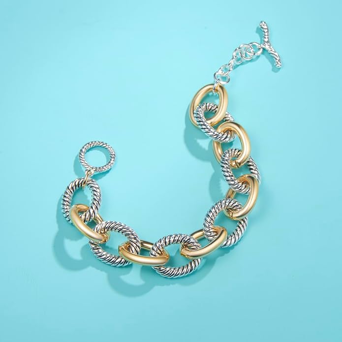 UNY JEWEL Twisted Cable Wire Link Chain Bracelet Two Tone Designer Brand Inspired Women Jewelry Valentine (2 Tone)