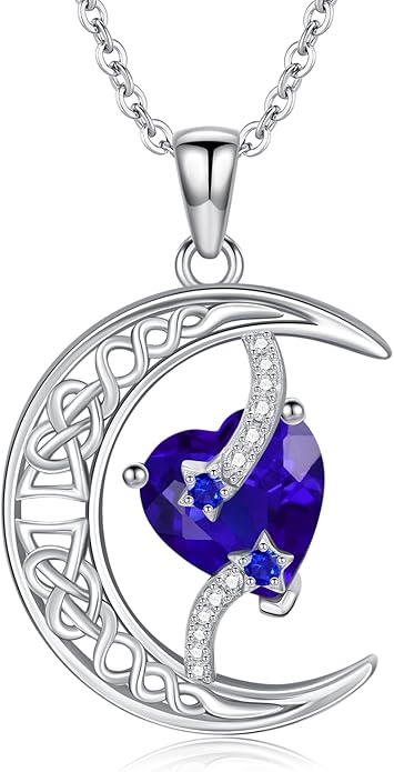 TOUPOP Moon and Star Birthstone Necklace for Women 925 Sterling Silver Celtic Moon Jewelry Birthday Christmas Gifts for Her Girlfriend