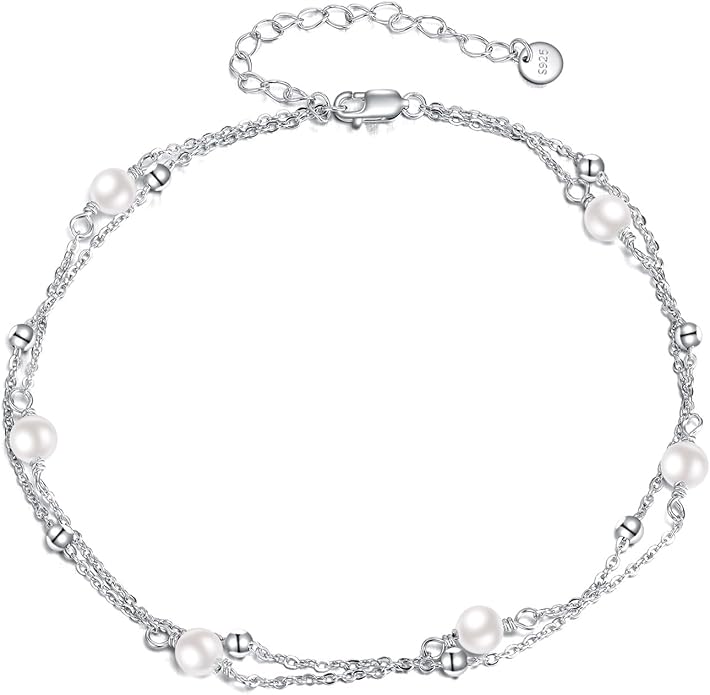 CRMAD Pearl/Moonstone/Larimar/Turquoise/Opal/Black Onyx Bracelet Anklet for Women Sterling Silver Beach Jewelry Gift for Women