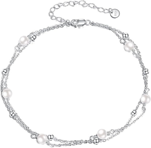 CRMAD Pearl/Moonstone/Larimar/Turquoise/Opal/Black Onyx Bracelet Anklet for Women Sterling Silver Beach Jewelry Gift for Women