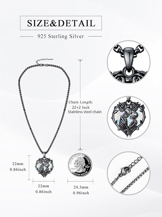 Flpruy 925 Sterling Silver Black Gothic Jewelry Gifts Skeleton Couple Pendant Crystal Birthstone Heart Necklace Punk Romantic Jewelry for Lover Men Women