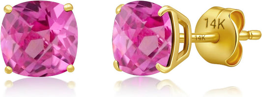 14k Gold 6MM Cushion Cut Stud Gemstone Earrings | Hypoallergenic Solitaire Gemstone Studs with 14K Gold Backs | Lightweight Birthstone Earrings with Gift Box by MAX + STONE