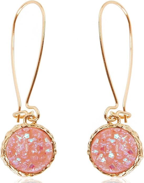 Simulated Druzy Threader Drop Earrings for Women - Gold, Silver, or Rose Gold Tone Trendy Boho Dangles with Sparkly Round Stone
