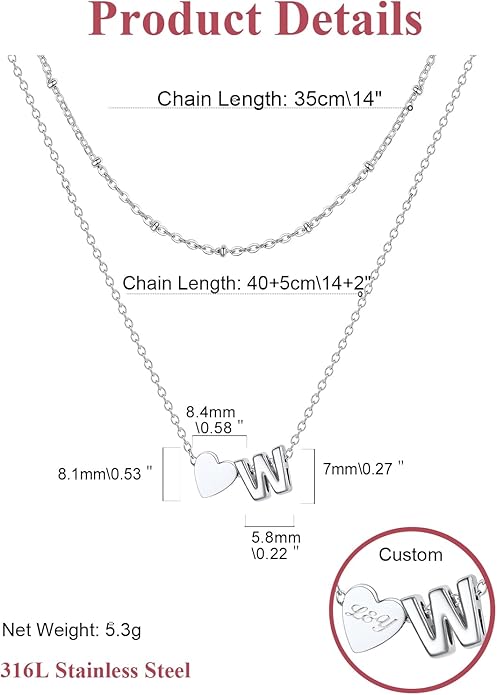 FOCALOOK Layered Initial Necklace for Women, 14K Gold Plated Choker Necklaces Stacks with Initial A-Z, Dainty Silver Heart Pendant Necklace Personalized Birthday Women Jewelry