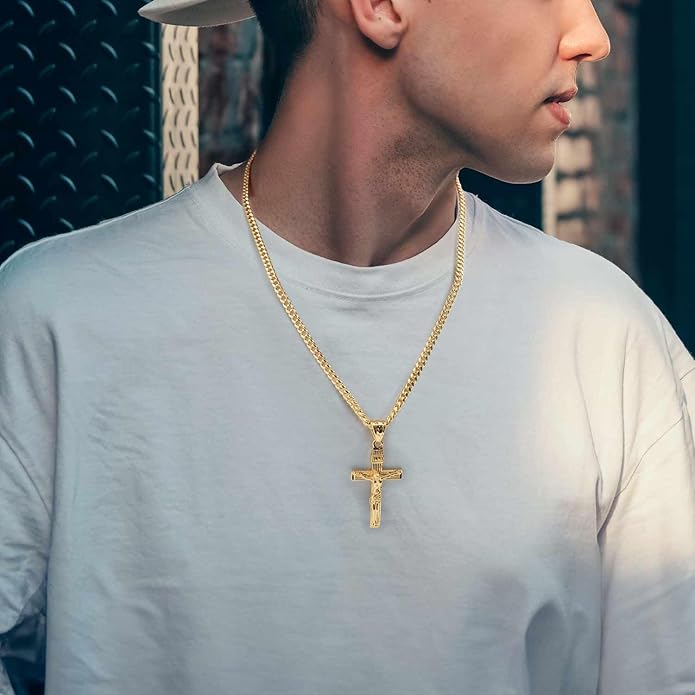 Gold Cross Necklace for Men 14K Gold Cross Necklace for Men Crosses Chain Necklaces for Mens Paired with 4.3mm Cuban Chain Crucifix Pendant Mens Crosses Necklaces 20/22/24in
