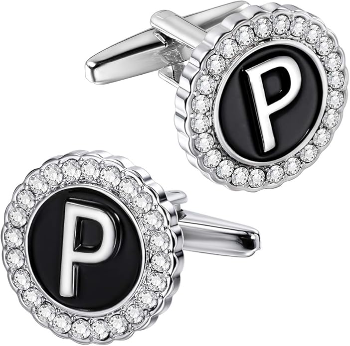 HAWSON A-Z Initial Cufflinks for Men and Women with Clear Crystal, Gold Silver Color Rasied Letter A-Z Cuff Links for French Shirt, Gift for Normal and Business Wearing