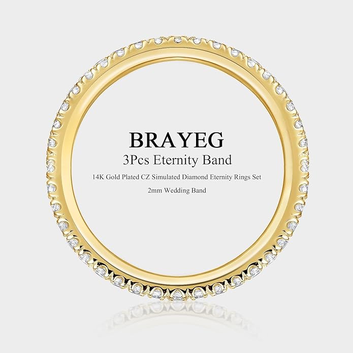 14K Gold Plated CZ Simulated Diamond Eternity Band Rings Set of 3,Thin Stackable Rings for Women,2mm Fashion Gold Stacking Bands for Daily Wear,Promise,Wedding, jewelry Gift for Wife Girlfriend