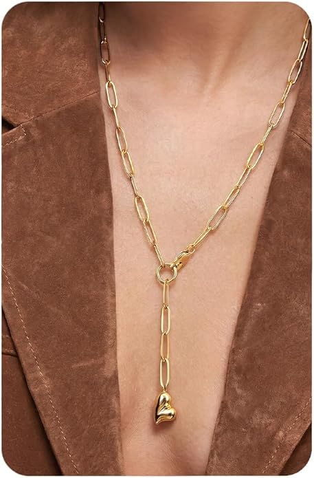 UBGICIG Honeycomb Layered Pendant Necklaces for Women Stackable, Dainty Y-Shaped Lariat Paperclip Pearl Heart Necklace, 16K Gold Silver Plated Long Necklaces Women's Trendy Drop Chain Necklace Jewelry