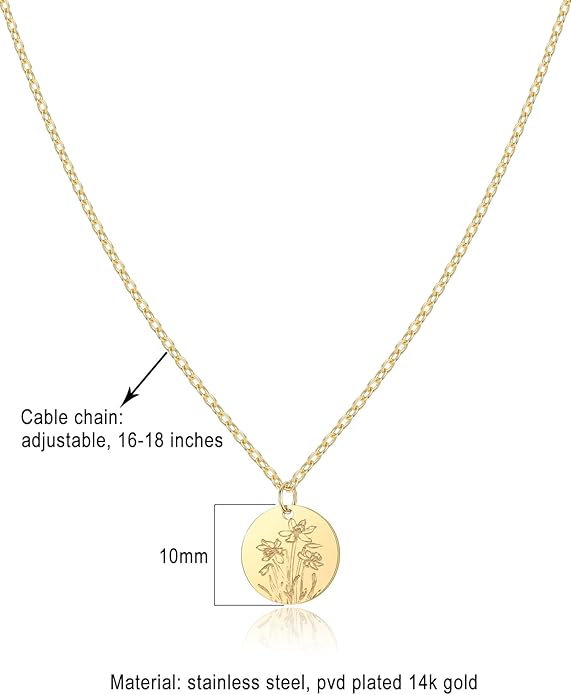 Birth Flower Necklace, 14K Gold Plated Floral Pendant Necklaces for Women, Simple Dainty Birth Month Flower Necklace, Birthday Jewelry for Women - 12 Month