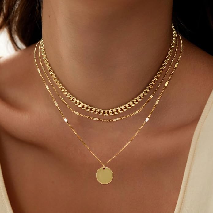 Layered Gold Silver Necklaces for Women, Stackable Stack 14K Real Gold Plated Silver Chain Necklace Diamond Circle CZ Layering Pendant Necklaces Trendy Gold Jewelry Set Gifts