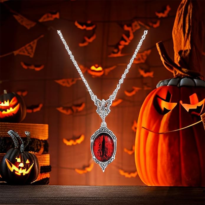 Gothic Vampire Necklace Vintage Stardust Crystal Cameo Pendant Necklace Punk Style Vampire Pendant Oval Necklace Satanic Demon Red Pendant Necklace Jewelry