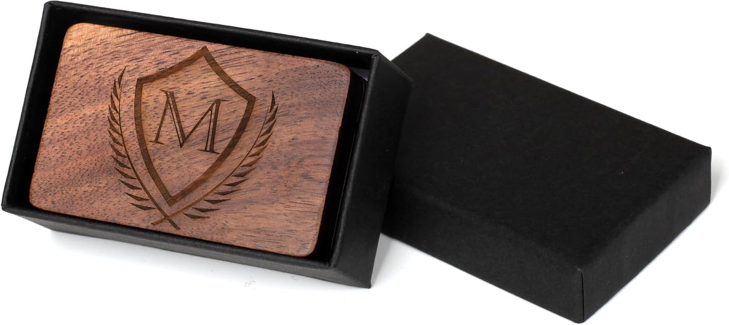 Mens Initial Cufflinks and Tie Clip A-Z Alphabet Letter Black Stainless Cuff Links Tie Bar with Engraved Walnut Wood Box Groom Groomsman Wedding Set