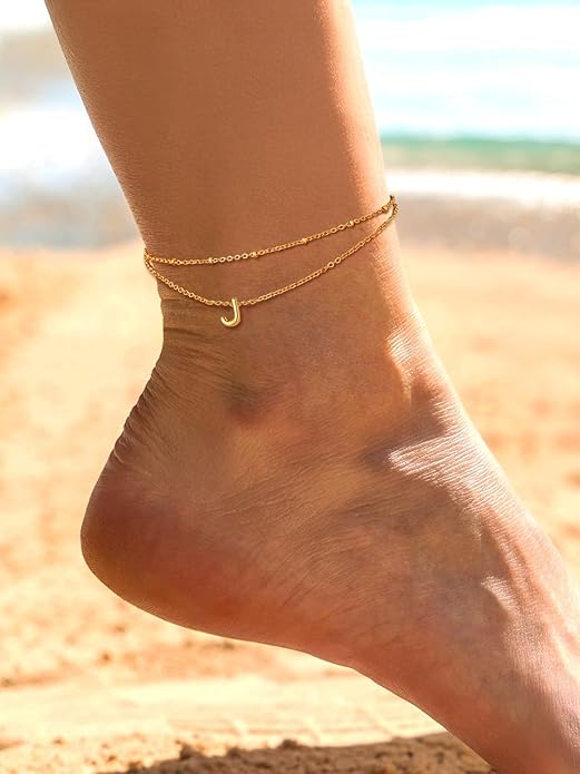 FaithHeart Initial Ankle Bracelets for Women, Waterproof 14k Gold Plated Initial Anklets Non Tarnish Stainless Steel Layered Anklet Summer Beach Foot Jewelry