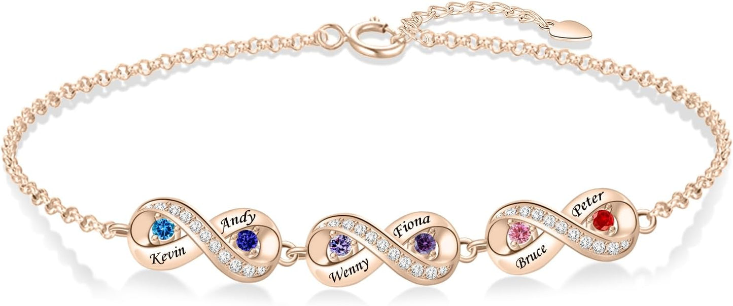 BABOOM Personalized Birthstone Bracelet for Mom Custom Infinity Name Bracelets with 1-8 Birthstones Jewelry Mothers Day Gifts for Women Mother Wife Grandma