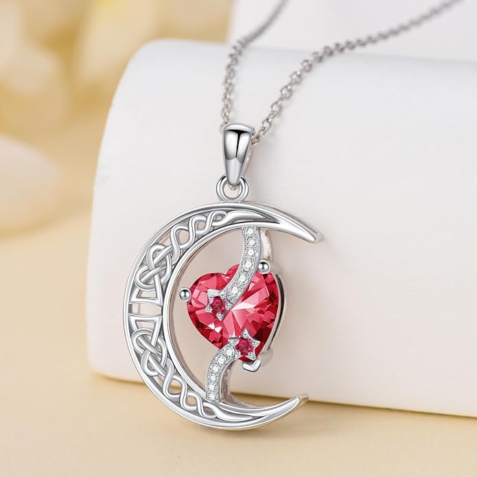 TOUPOP Moon and Star Birthstone Necklace for Women 925 Sterling Silver Celtic Moon Jewelry Birthday Christmas Gifts for Her Girlfriend