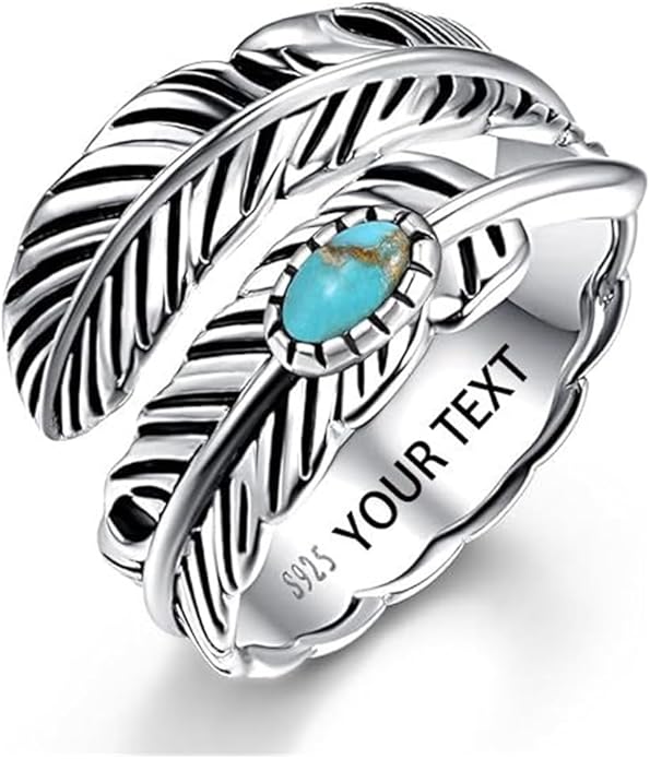 Sterling Silver Feather Ring with Black Onyx & Turquoise - Adjustable Stacking Vintage Statement Ring for Women & Men