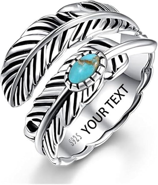 Sterling Silver Feather Ring with Black Onyx & Turquoise - Adjustable Stacking Vintage Statement Ring for Women & Men