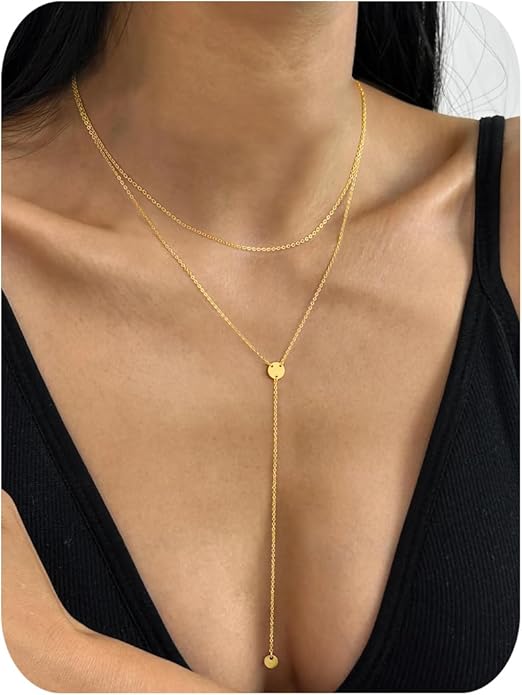Yoosteel Long Lariat Necklace for Women - Dainty Y-Shaped Necklaces 14K-Gold-Plated Drop Chain Simple Jewelry Trendy Gifts for Women