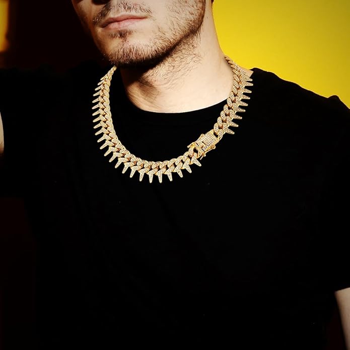 HH BLING EMPIRE Mens Gold Silver Plated Spike Cuban Link Chain Necklace and Bracelet Sets, Chunky Iced Out Diamond Miami Cuban Link Chains Hip Hop Jewelry