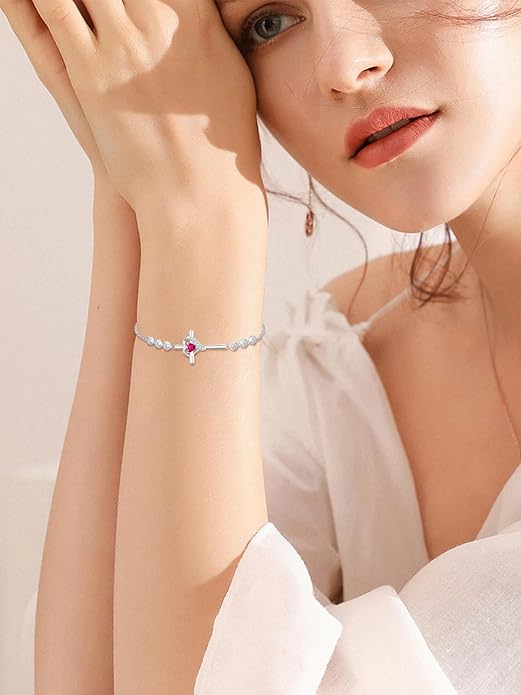 Cross Birthstone Charm Link Bracelet 925 Sterling Silver Cross Bracelet with 12 Months Birthstone Religious Christian Jewelry Gifts for Women Mom Her,Chain Length 7"+2" Extend
