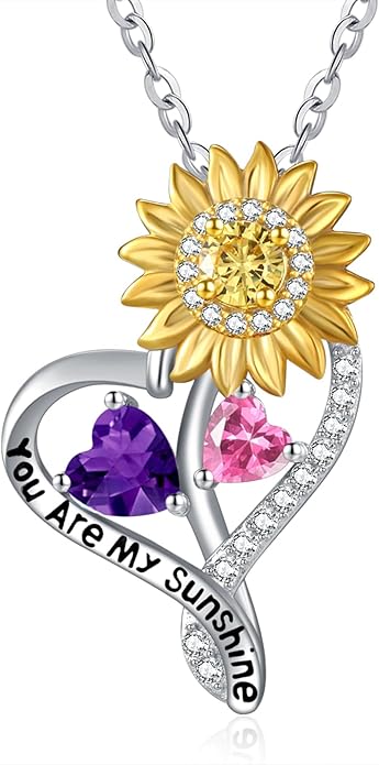 Zeuslia Double Birthstone Necklace Gifts for Wife - 925 Sterling Silver Sunflower/Rose/Crown Cross/Compass/Heart Pendant I Love You Necklace, Anniversary Birthday Gifts for Wife Girlfriend Mom Her