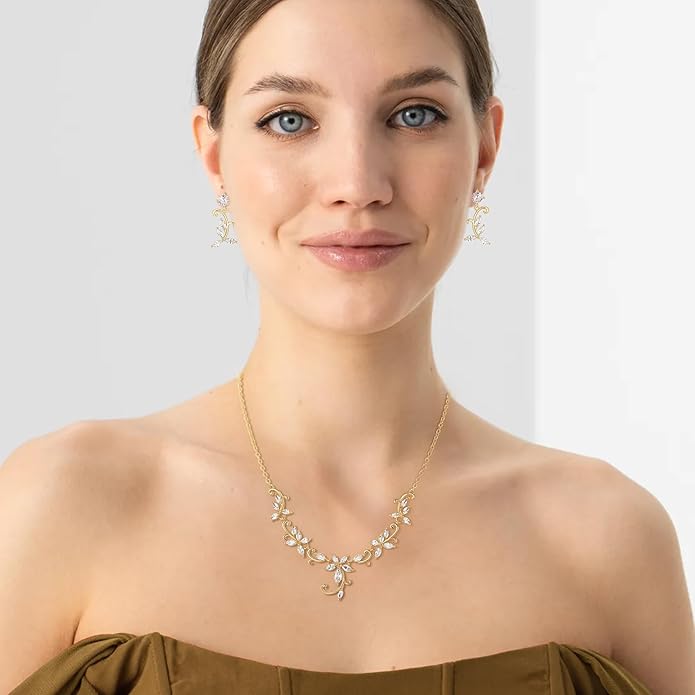 Crysdue Flower Leaf Wedding Jewelry Set for Bridal Bridemaid, Cubic Zirconia Teardrop Elegant Silver/14K/Rose Gold Plated Vine Necklace Dangle Earrings for Prom Party