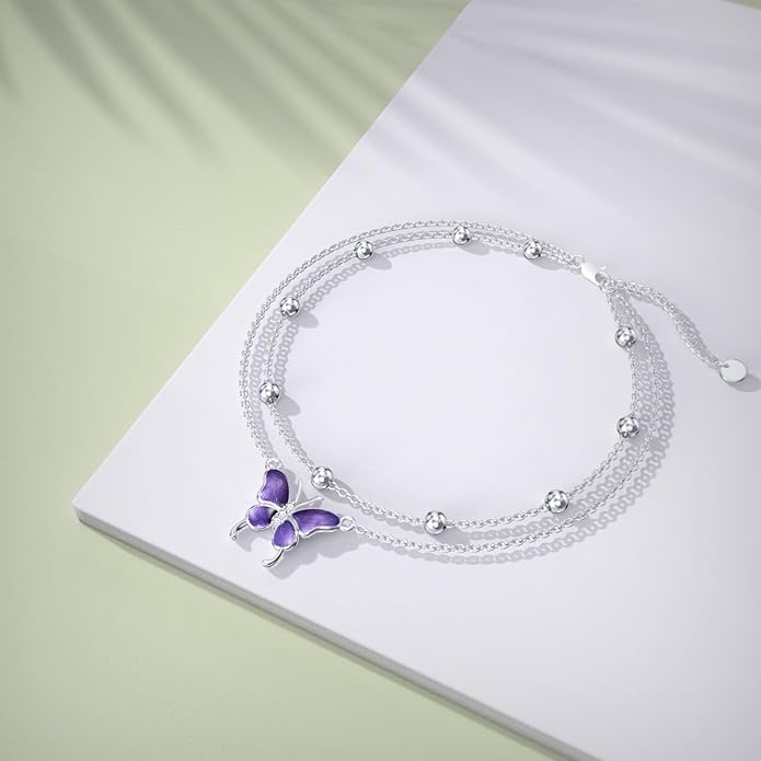 Diamond Butterfly Anklets for Women 925 Sterling Silver Animal Lover Double Layer Ankle Bracelet Jewelry Gift for Mom Wife Sister Friend,9"+2"