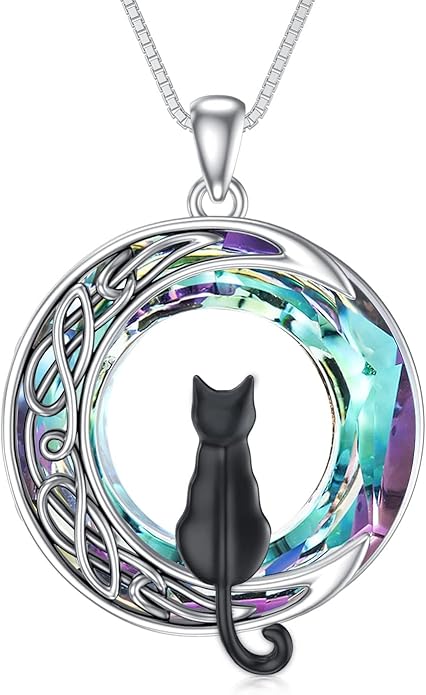 TOUPOP Christmas Cat Gifts for Cats Lovers One Two Three Four Cats Necklace Sterling Silver Cats on the Moon Pendant Necklace with Blue Circle Crystal Birthday Christmas Celtic Jewelry Gifts for Women
