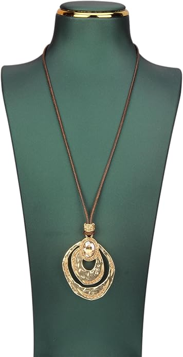 Long Boho Necklaces for Women Vintage Leather Wooden Pendant Y Choker Ethnic Style Gold Circle Hippie Sweater Necklace