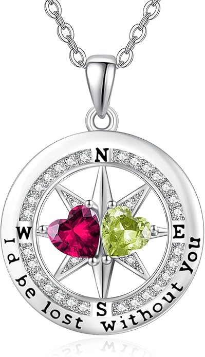 JIYVY32 Compass Birthstones Necklace for Women, Exquisite S925 Necklace Anniversary Birthday Gifts for Wife Her Double Birthstone Pendant jewelry ‘I'd be Lost Without You’