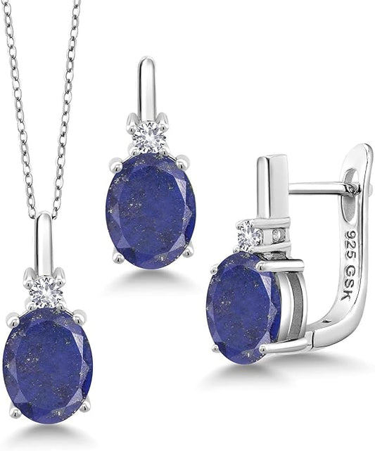 Gemstone Birthstone and White Created Sapphire Pendant and Earrings Jewelry Set for Women in 925 Sterling Silver | Oval 8X6MM and Round 2.5MM | With 18 Inch Chain | Fine Jewelry for Her Mom Women Wife