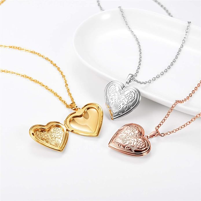 U7 Women Locket Necklace Platinum 14K Gold Photo Lockets that Hold Picture,Chain 20 Inch Personalized Gift Custom Love Heart Image Necklaces