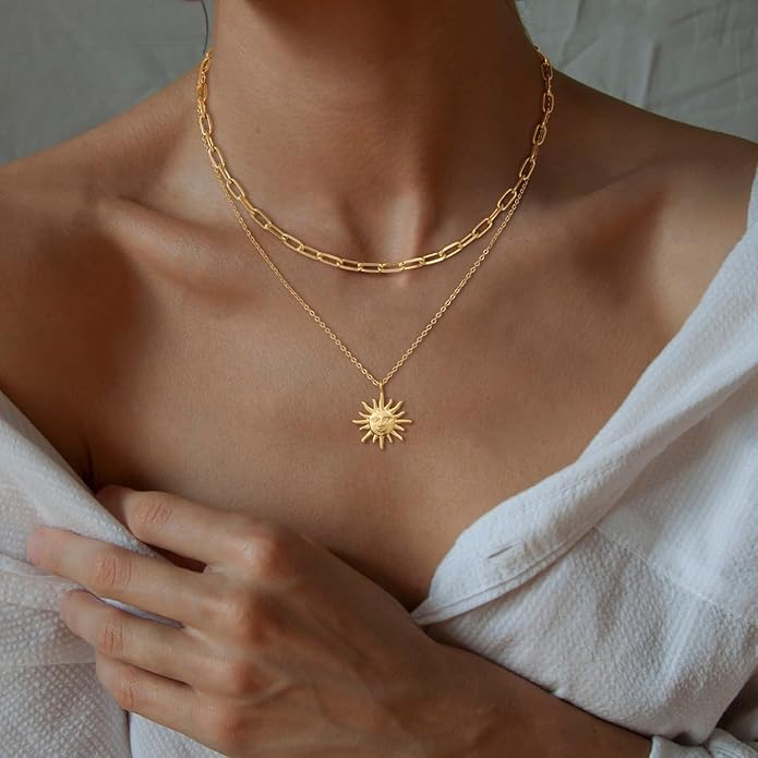 CHESKY Layered Necklaces for Women Trendy, Dainty 14k Gold Plated Pendant Necklace Layering Necklace for Women Non Tarnish Hypoallergenic Sun Gold Necklace Stack Gold Jewelry for Women Gifts