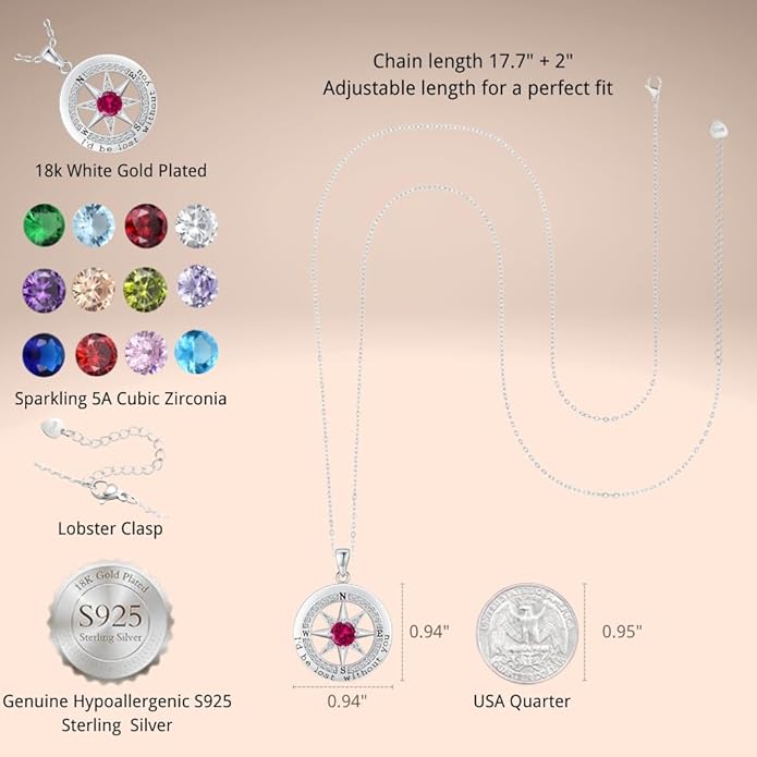 Compass Necklace for Women Wife Girlfriend Mom Daughter Gifts S925 Silver Jewelry For Anniversary Rose Gold Gifts For Birthday Christmas Mothers Valentines Day 12 Birthstones